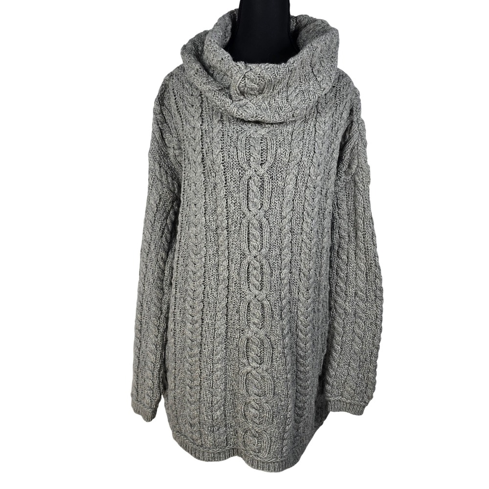 Aran Mor Ireland Womens Sweater Grey 100% Merino Wool Cable Knit Cowl Neck Small